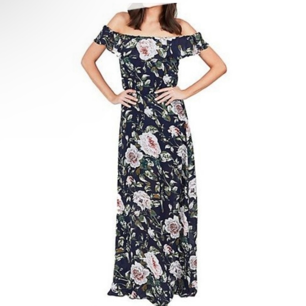 Betsey Johnson Navy Floral Off-Shoulder Ruffle Maxi Dress Size 14